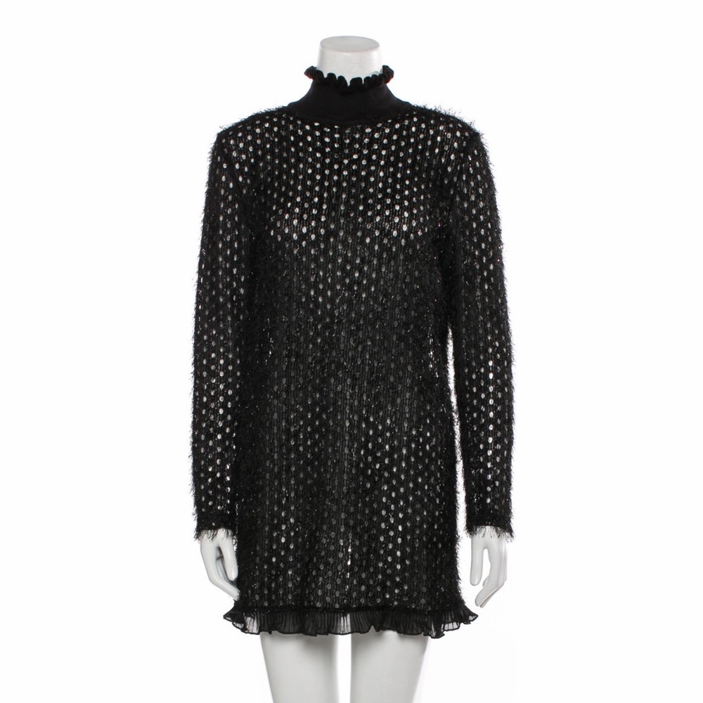 Carven Black Fishnet Net Open Cage Knit Stand Collar Fuzzy Long Sleeve Dress